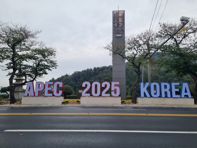 ▲ 경주 도심에서 보문단지로 이어지는 도로변에 APEC 정상회의 홍보 조형물이 설치돼 있다.