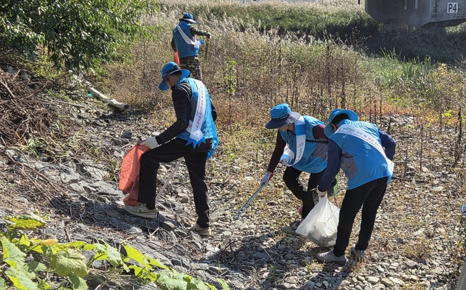 ▲ 29일 영천시니어클럽 노인일자리 참여자 어르신들이 임고강변공원 일대에서 프로깅을 하며 쓰레기를 줍고 있다. 권오석 기자