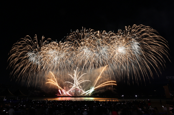 ▲ 포항 영일대해수욕장이 지난 29일 1,000대의 드론 군집 비행과 1만 5천여 발의 불꽃쇼로 환하게 물들었다.
불빛쇼