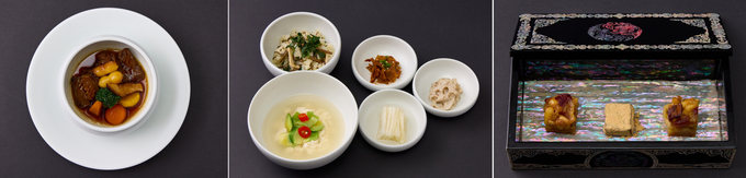 ▲ (경주=연합뉴스) 대통령실은 31일 경주 APEC 정상회의 공식 환영 만찬을 공개했다. 이번 만찬은 한국계 미국인 셰프 에드워드 리가 개발에 직접 참여했다. 왼쪽부터 갈비찜, 나물비빔밥, 파이ㆍ캐러멜 디저트. 대통령실 제공