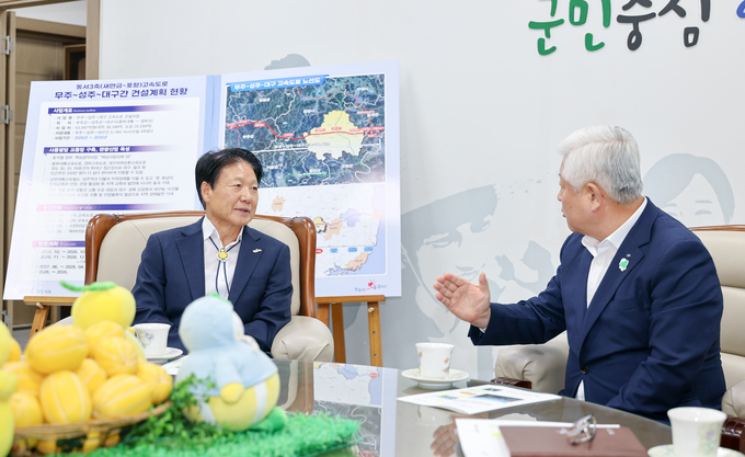 ▲ 지난 8월 이병환  성주군수(왼쪽)가 황인홍 무주군수(우측)를 만나 고속도로 건설 협의를 하고 있다.