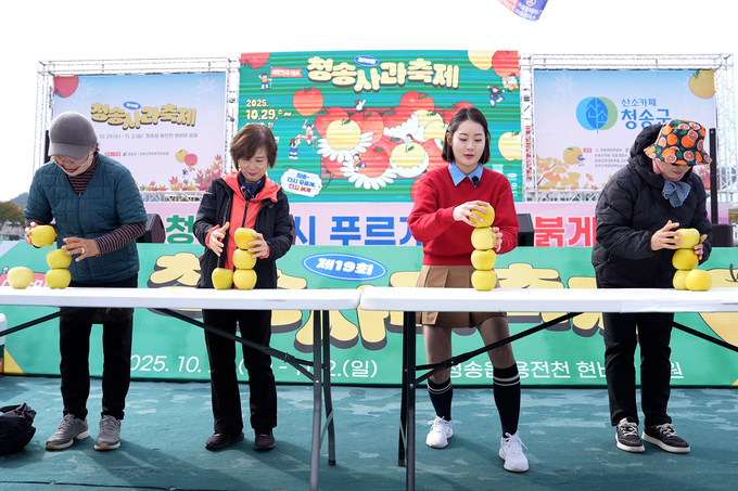 ▲ 2일 막을 내린 청송사과축제가 50여 만명의 구름인파를 불러모아 지난 봄 산불로 어려움을 겪고있는 청송지역 경제에 모처럼 활력을 불러일으키고 있다. 사진은 행사 기간중 진행된 사과올림픽 3종 중 사과탑쌓기 게임