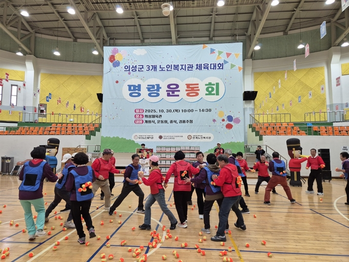 ▲ 의성·금성·안계노인복지관 어르신들이 10월 30일 의성체육관에서 열린 ‘의성군 3개 노인복지관 명랑운동회’에서 조끼에 공을 붙이는 단체경기 종목에 참여하고 있다. 의성군