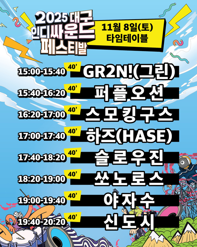 ▲ 2025 대구인디싸운드페스티발 11월 7일 타임테이블