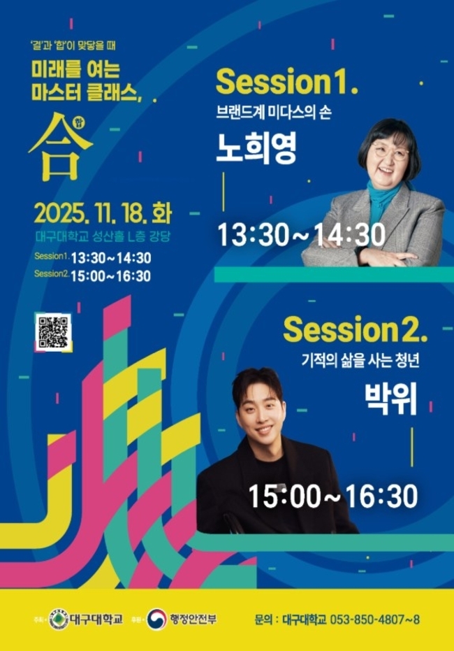 ▲ 대구대 산학협력단에서는 11월 두 차례에 걸쳐 ‘MZ세대 위한 ‘미래를 여는 마스터 클래스, 합(合)’을 개최한다. 포스터. 대구대.