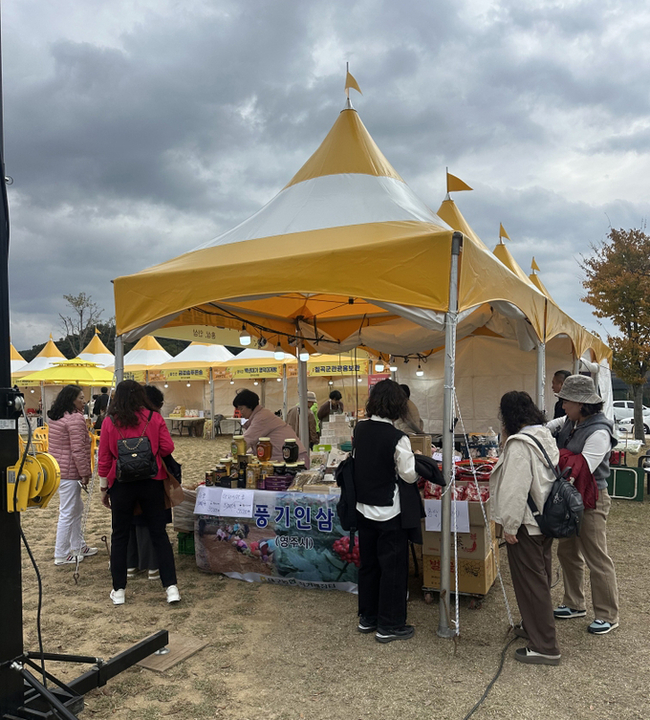 ▲ 경주 월정교 남쪽 공원부지에서 열린 ‘2025 시월애마지막밤 커피빵 페스타’에 참가해 지역 대표 특산물 ‘풍기 인삼’의 우수성을 적극 알렸다.