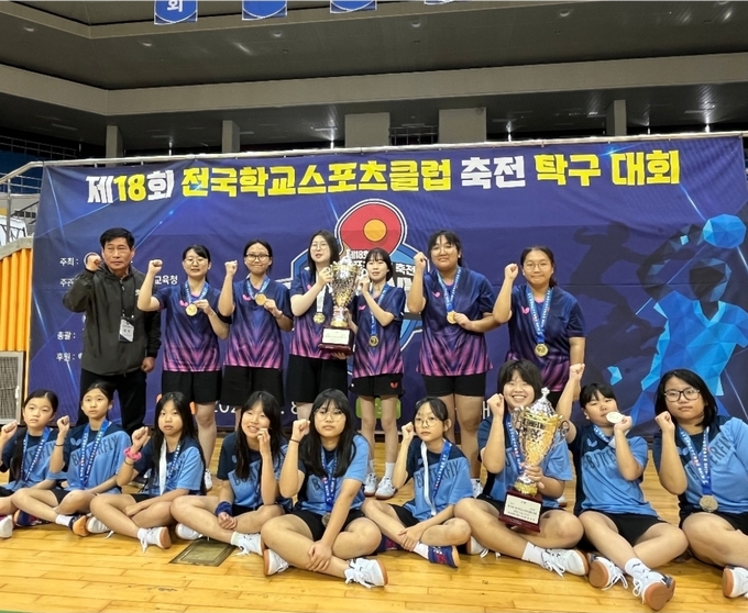 ▲ 제 18회 전국학교스포츠클럽 축전 탁구대회서 여자 고등부 우승한 수비고 학생들과 여자초등부에서 준우승을 차지한 일월초등학교 학생들이 기념촬영을 하고 있다.
