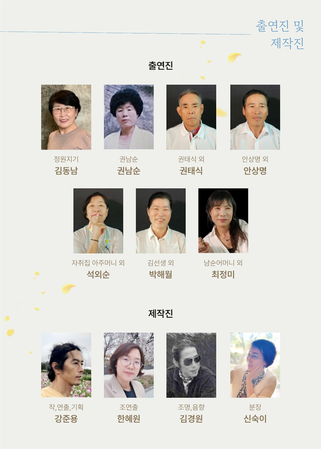 ▲ 창작 생애극 ‘인생꽃 피고 지고’ 출연진 소개 이미지가 각 시민 배우들의 프로필 사진. 놀몸문화예술배움터