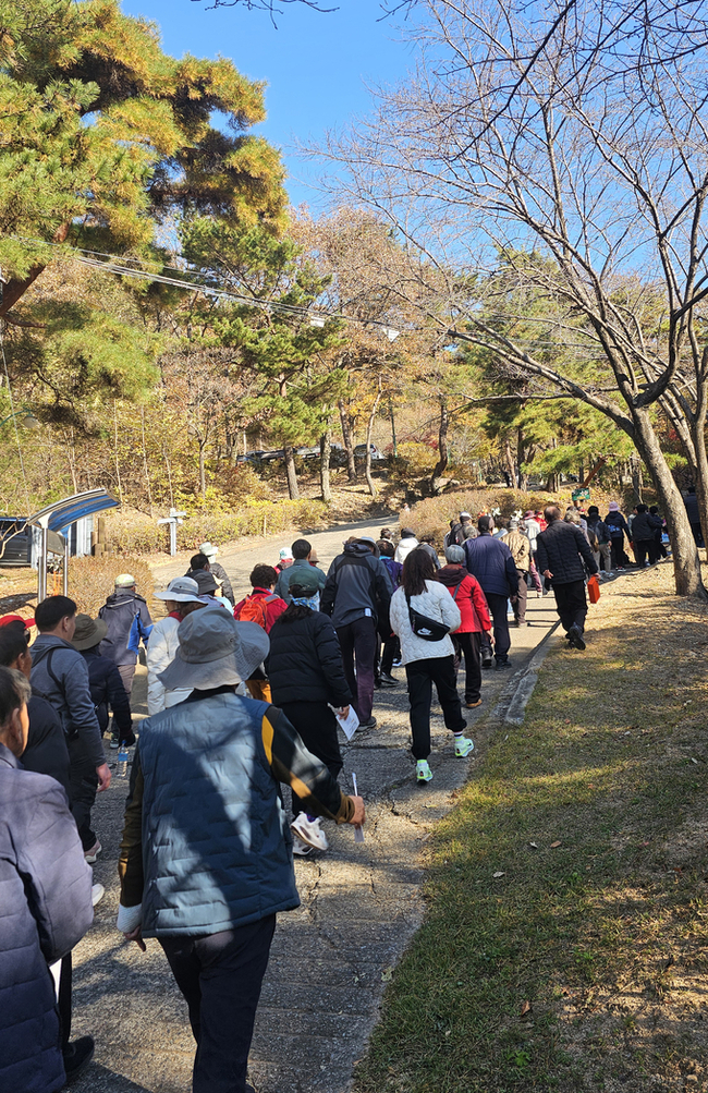 ▲ 15일 제6회 해평냉산 임도걷기 대회에 참가한 시민들이 임도를 따라 걷고 있다.
