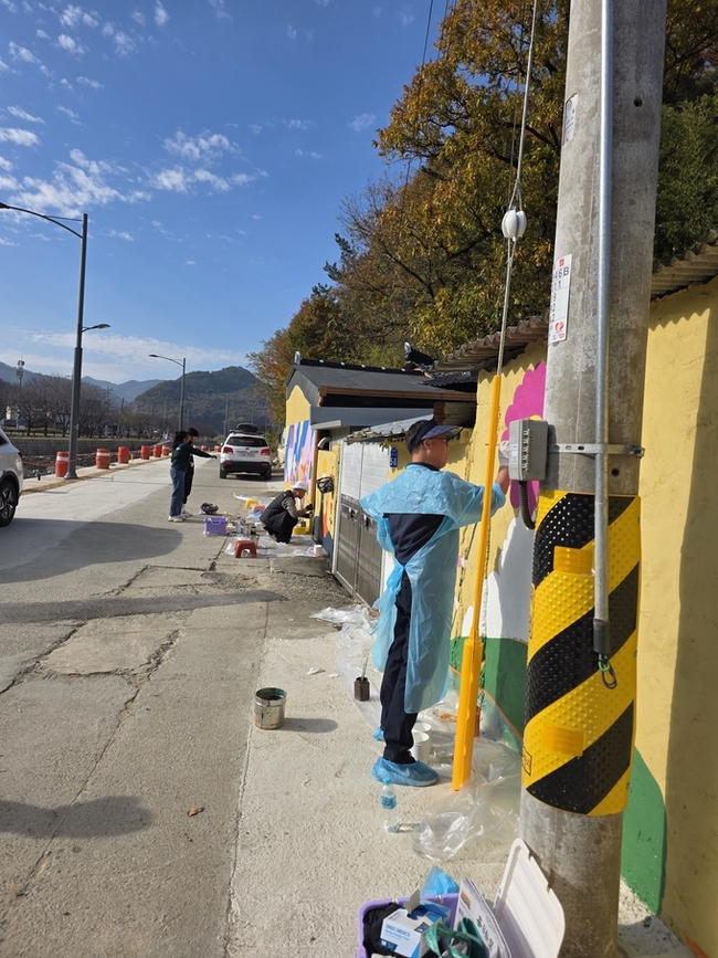 ▲ 김낙관 구미시의회 산업건설위원장이 행복마을 벽화그리기에 동참해 벽화를 그리고있다.