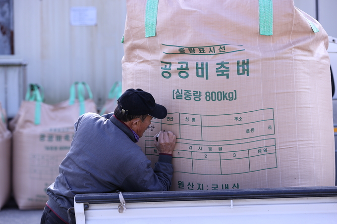 ▲ 17일 오후 대구 군위군 의흥면 읍내냉동창고에서 공공비축미 건조벼 매입과 계근 작업이 한창인 가운데 한 관계자가 공공비축미 관련 내용을 기재하고 있다.김영환 기자 yhk@kyongbuk.com