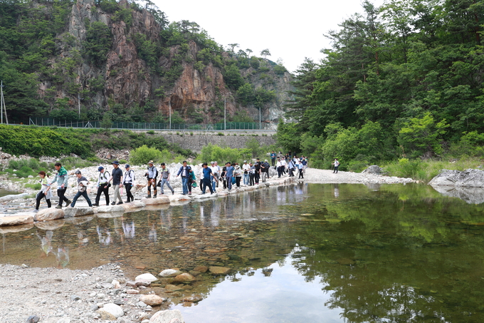 ▲ 탐방객들이 동서트레일 울진 구간을 걷고 있다.