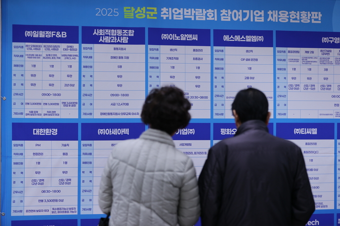 ▲ 달성군 취업박람회가 19일 오후 대구 달성군 다사읍에서 열린 가운데 구직자들이 구인정보를 살펴보고 있다.김영환 기자yhk@kyongbuk.com