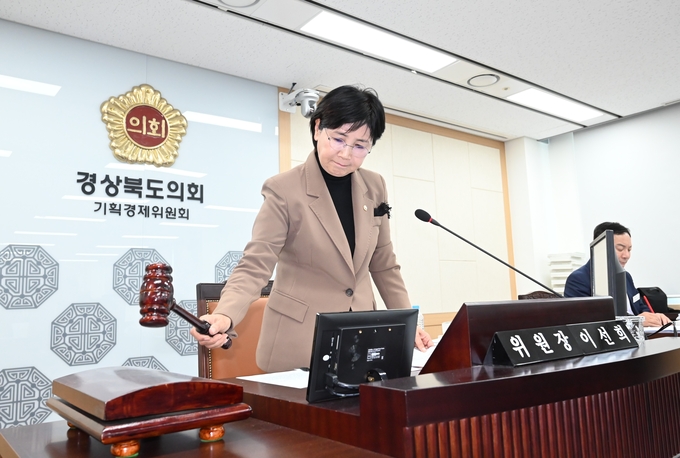 ▲ 이선희 경북도의회 기획경제위원장이 행정사무감사에서 의사봉을 두드리고 있다;