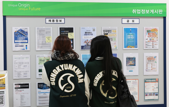 ▲ 청년층 취업자가 16만명 이상 줄고, 고용률도 18개월째 떨어진 것으로 나타난 12일 서울의 한 대학교에서 학생들이 취업 게시판을 살펴보고 있다.
    국가데이터처(옛 통계청)가 발표한 ‘10월 고용동향’에 따르면 지난 달 취업자 수는 2천904만명으로 1년 전보다 19만3천명 증가했다. 연령대로 보면 60세 이상(33만4천명), 30대(8만명)를 제외한 나머지 연령대에서 모두 취업자가 줄었다. 특히 청년층(15∼29세)은 16만3천명 줄며 감소 폭이 가장 컸다. 20대는 15만3천명 줄었다. 40대와 50대는 각각 3만8천명, 1만9천명 감소했다. 연합